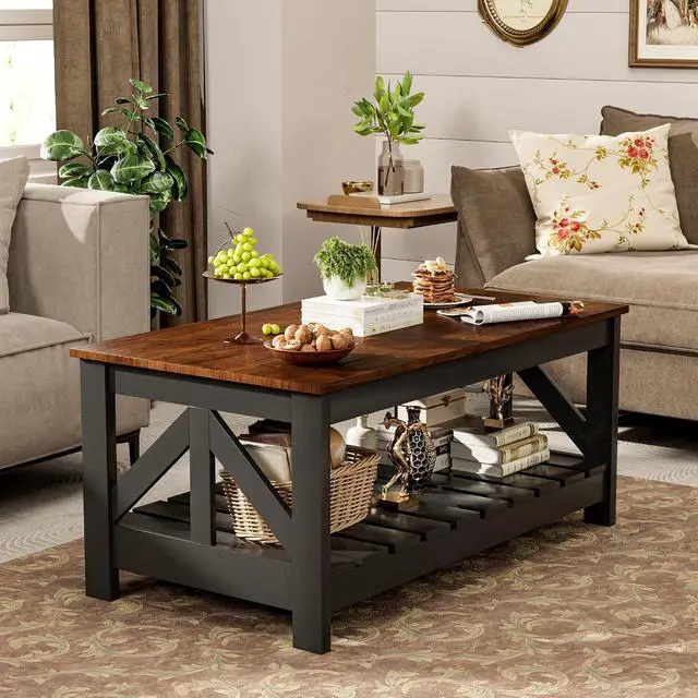 Alt view image 4 of 7 - 39 Farmhouse Coffee Table for Living Room, 2-Tier Modern Living Room Table with Storage Shelf, Rustic Rectangular Center Table Space Saving Home Furniture (Rustic Brown & Black)
