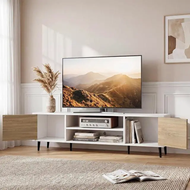 Alt view image 2 of 6 - Mid-Century Modern TV Stand for 65-70 Inch TVs, 63 Inch Media Console with Storage, Entertainment Center with Push-Open Cabinets and Cable Management for Living Room (Oak, 63 Inches)
