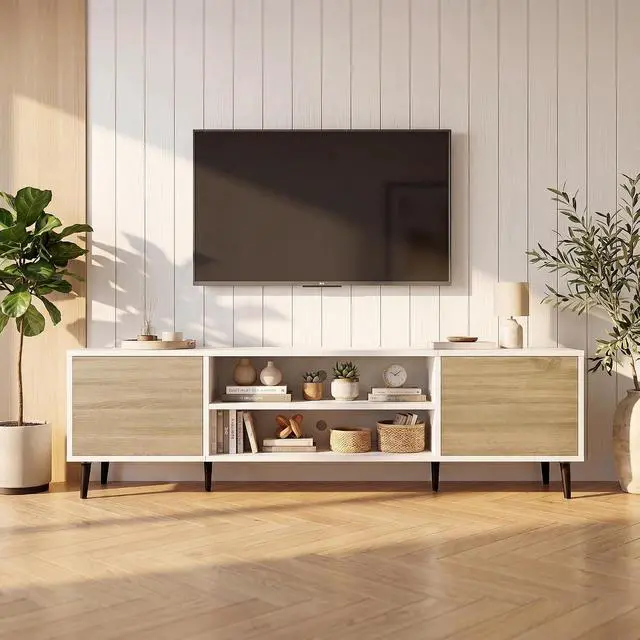 Alt view image 5 of 6 - Mid-Century Modern TV Stand for 65-70 Inch TVs, 63 Inch Media Console with Storage, Entertainment Center with Push-Open Cabinets and Cable Management for Living Room (Oak, 63 Inches)