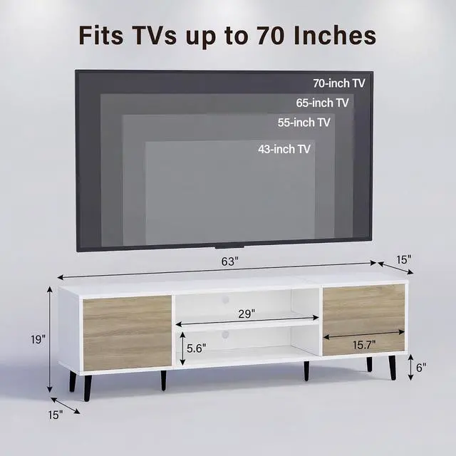 Alt view image 6 of 6 - Mid-Century Modern TV Stand for 65-70 Inch TVs, 63 Inch Media Console with Storage, Entertainment Center with Push-Open Cabinets and Cable Management for Living Room (Oak, 63 Inches)