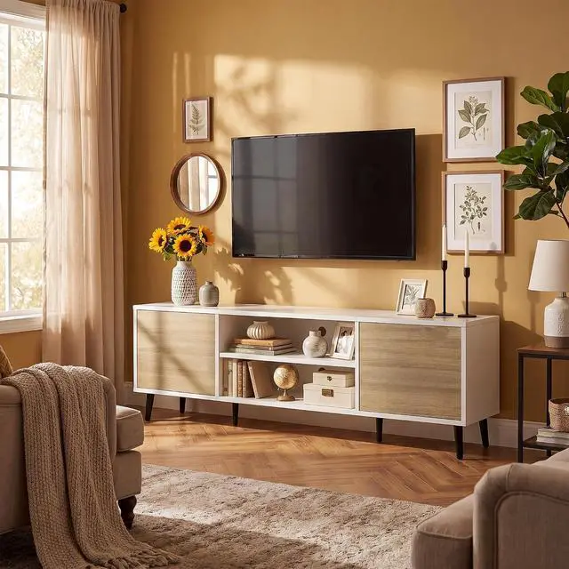 Alt view image 4 of 6 - Mid-Century Modern TV Stand for 65-70 Inch TVs, 63 Inch Media Console with Storage, Entertainment Center with Push-Open Cabinets and Cable Management for Living Room (Oak, 63 Inches)