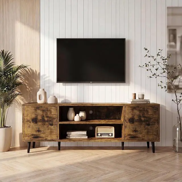 Alt view image 2 of 6 - Mid-Century Modern TV Stand for 43-55 Inch TVs, 50 Inch Media Console with Storage, Entertainment Center with Push-Open Cabinets and Cable Management for Living Room (Rustic Brown, 50 Inches)