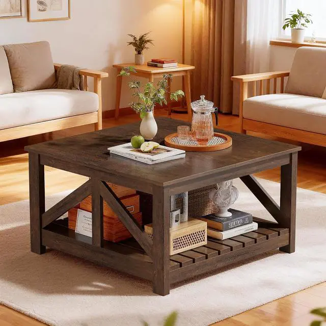 Main image of Square Coffee Table with Dual Storage Compartments, Modern Wood Cocktail Table for Living Room, Farmhouse Lounge & Office Reception (Rustic Brown)