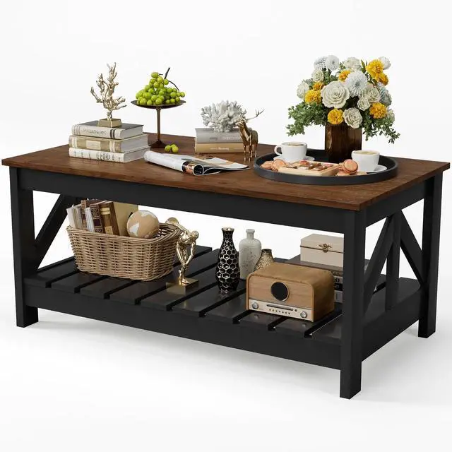 Alt view image 7 of 7 - 39 Farmhouse Coffee Table for Living Room, 2-Tier Modern Living Room Table with Storage Shelf, Rustic Rectangular Center Table Space Saving Home Furniture (Rustic Brown & Black)