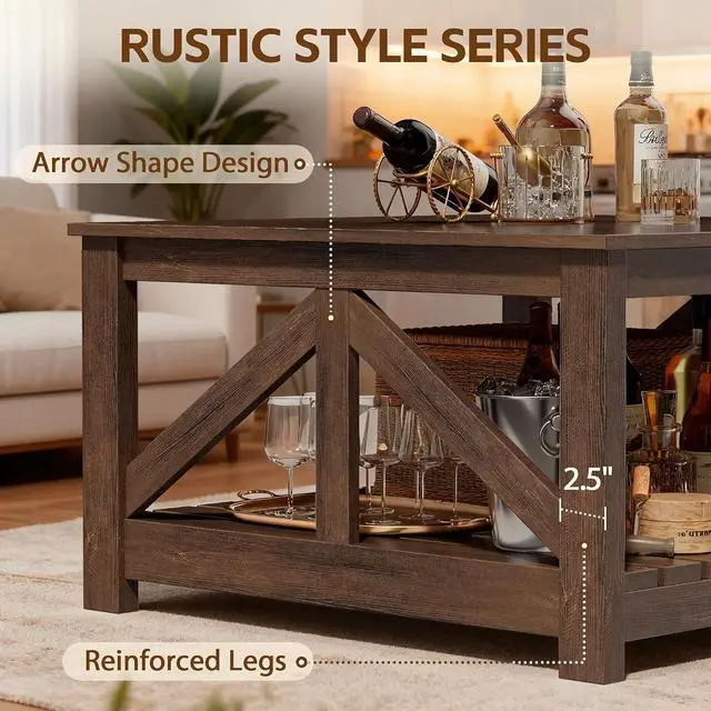 Alt view image 5 of 7 - Square Coffee Table with Dual Storage Compartments, Modern Wood Cocktail Table for Living Room, Farmhouse Lounge & Office Reception (Rustic Brown)