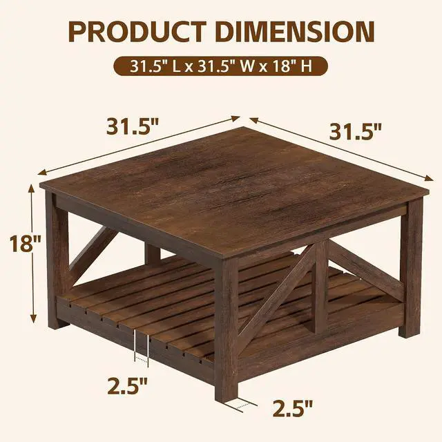 Alt view image 7 of 7 - Square Coffee Table with Dual Storage Compartments, Modern Wood Cocktail Table for Living Room, Farmhouse Lounge & Office Reception (Rustic Brown)