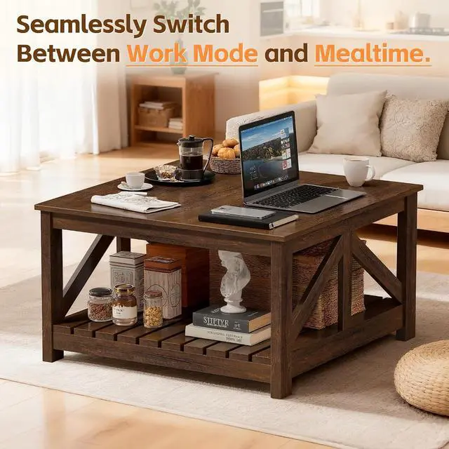 Alt view image 4 of 7 - Square Coffee Table with Dual Storage Compartments, Modern Wood Cocktail Table for Living Room, Farmhouse Lounge & Office Reception (Rustic Brown)