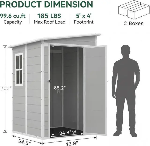 Alt view image 2 of 5 - 5 x 4 FT Resin Outdoor Storage Shed with Floor, Plastic Tool Shed with Window, Outside Waterproof Garden Shed with Lockable Door for Patio, Lawn, Backyard, Poolside, Light Grey