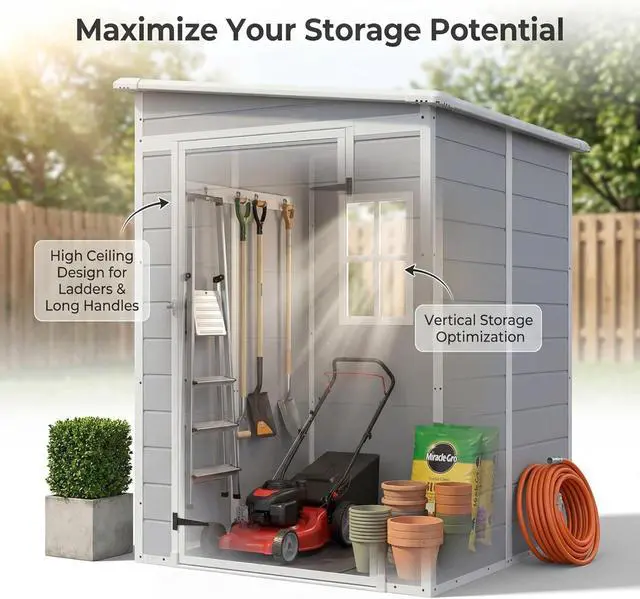 Alt view image 3 of 5 - 5 x 4 FT Resin Outdoor Storage Shed with Floor, Plastic Tool Shed with Window, Outside Waterproof Garden Shed with Lockable Door for Patio, Lawn, Backyard, Poolside, Light Grey