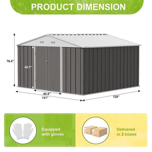 Alt view image 3 of 3 - 10 x 10 FT Outdoor Storage Shed, Large Metal Garden Shed (Grey)