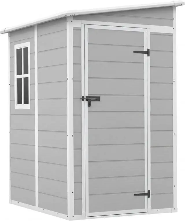 Alt view image 5 of 5 - 5 x 4 FT Resin Outdoor Storage Shed with Floor, Plastic Tool Shed with Window, Outside Waterproof Garden Shed with Lockable Door for Patio, Lawn, Backyard, Poolside, Light Grey