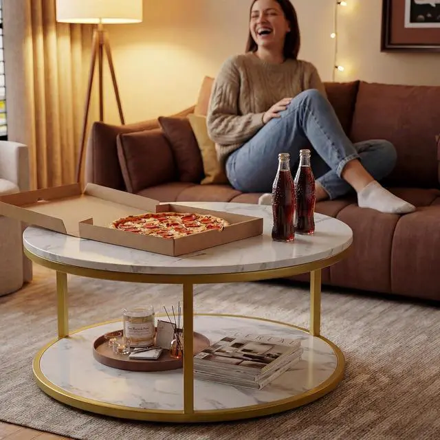 Alt view image 2 of 7 - 36" Coffee Tables with Storage, 2-Tier Round Coffee Table, Center Table for Living Room, Furniture for Small Spaces, White Marble