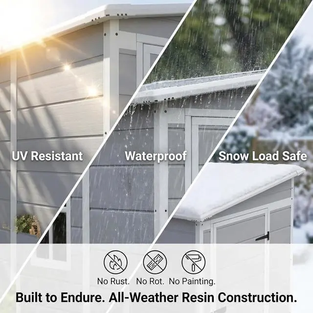 Alt view image 4 of 5 - 5 x 4 FT Resin Outdoor Storage Shed with Floor, Plastic Tool Shed with Window, Outside Waterproof Garden Shed with Lockable Door for Patio, Lawn, Backyard, Poolside, Light Grey