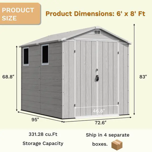 Alt view image 2 of 2 - 6x8 FT Plastic Storage Shed, Waterproof Tool Storage Shed with Lockable Door and Window for Patio, Garden, Backyard, Light Gray