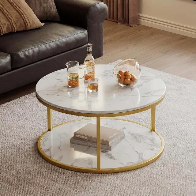 Main image of 36" Coffee Tables with Storage, 2-Tier Round Coffee Table, Center Table for Living Room, Furniture for Small Spaces, White Marble