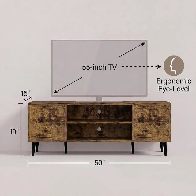 Alt view image 6 of 6 - Mid-Century Modern TV Stand for 43-55 Inch TVs, 50 Inch Media Console with Storage, Entertainment Center with Push-Open Cabinets and Cable Management for Living Room (Rustic Brown, 50 Inches)