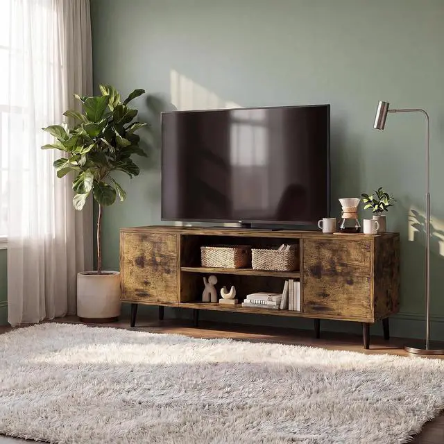 Alt view image 5 of 6 - Mid-Century Modern TV Stand for 43-55 Inch TVs, 50 Inch Media Console with Storage, Entertainment Center with Push-Open Cabinets and Cable Management for Living Room (Rustic Brown, 50 Inches)