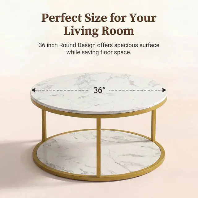 Alt view image 4 of 7 - 36" Coffee Tables with Storage, 2-Tier Round Coffee Table, Center Table for Living Room, Furniture for Small Spaces, White Marble