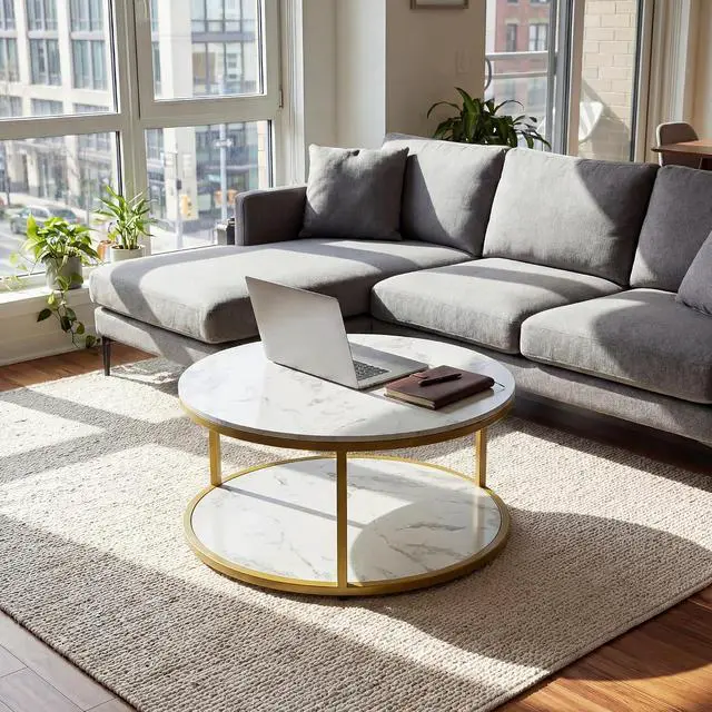 Alt view image 3 of 7 - 36" Coffee Tables with Storage, 2-Tier Round Coffee Table, Center Table for Living Room, Furniture for Small Spaces, White Marble