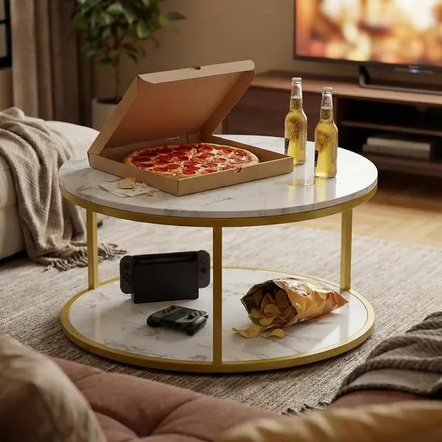 Alt view image 7 of 7 - 36" Coffee Tables with Storage, 2-Tier Round Coffee Table, Center Table for Living Room, Furniture for Small Spaces, White Marble