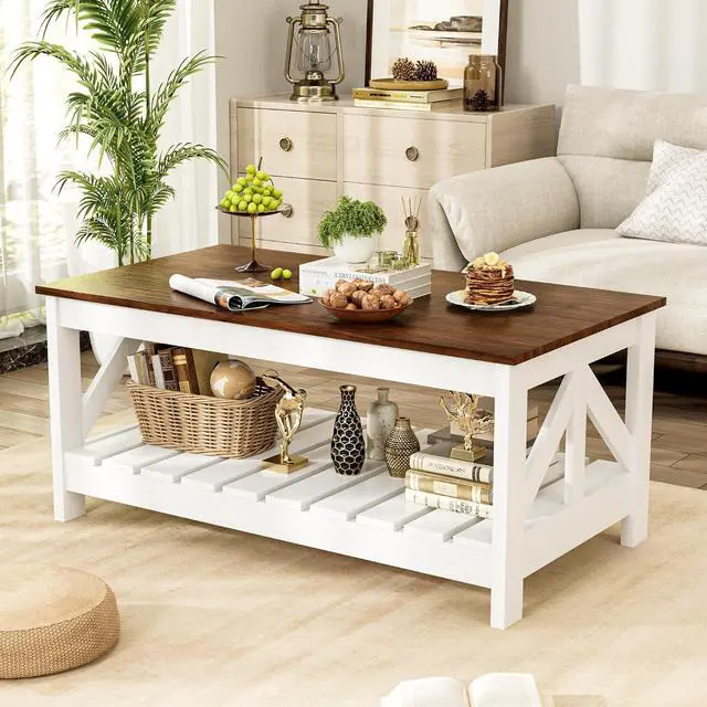 Main image of 39 Farmhouse Coffee Table for Living Room, 2-Tier Modern Living Room Table with Storage Shelf, Rustic Rectangular Center Table Space Saving Home Furniture (Rustic Brown & White)