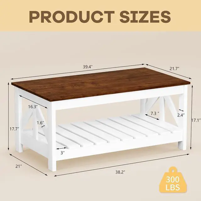 Alt view image 2 of 7 - 39 Farmhouse Coffee Table for Living Room, 2-Tier Modern Living Room Table with Storage Shelf, Rustic Rectangular Center Table Space Saving Home Furniture (Rustic Brown & White)