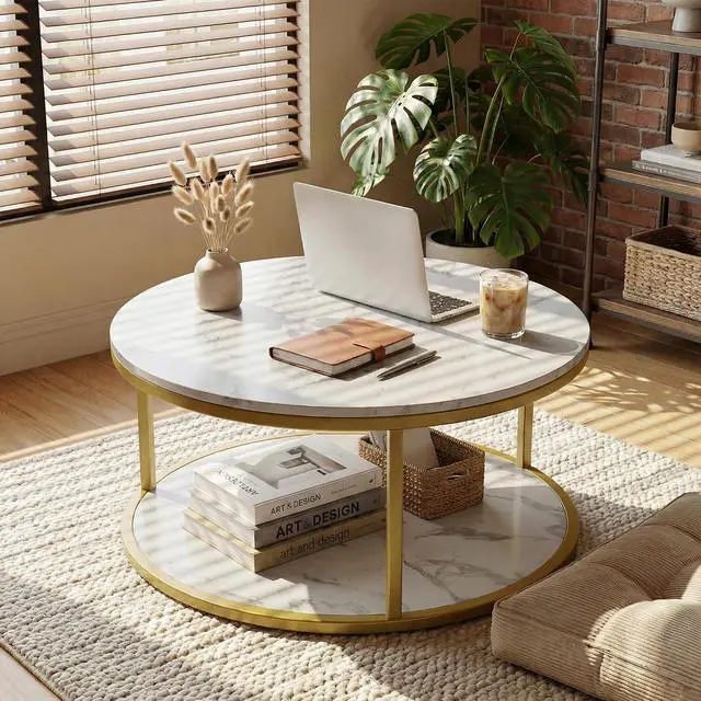 Alt view image 6 of 7 - 36" Coffee Tables with Storage, 2-Tier Round Coffee Table, Center Table for Living Room, Furniture for Small Spaces, White Marble