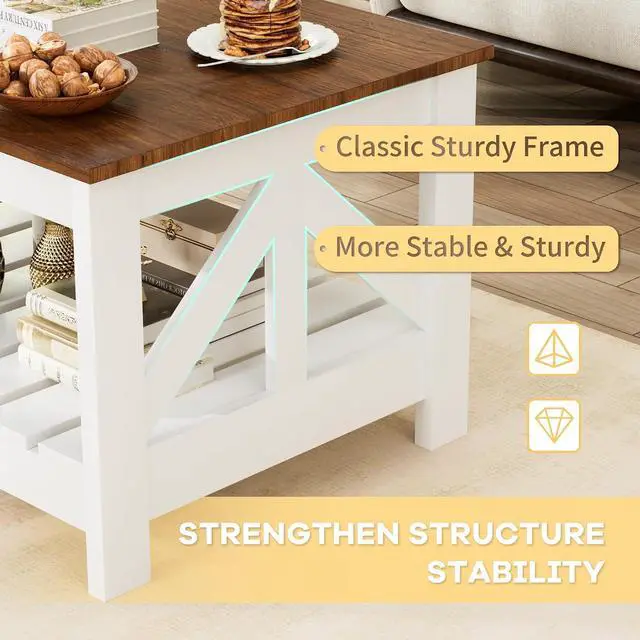Alt view image 5 of 7 - 39 Farmhouse Coffee Table for Living Room, 2-Tier Modern Living Room Table with Storage Shelf, Rustic Rectangular Center Table Space Saving Home Furniture (Rustic Brown & White)
