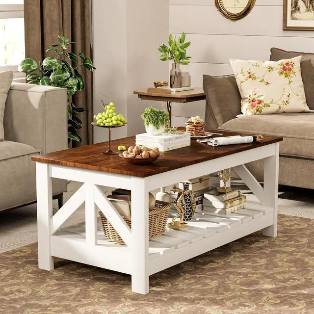 Alt view image 4 of 7 - 39 Farmhouse Coffee Table for Living Room, 2-Tier Modern Living Room Table with Storage Shelf, Rustic Rectangular Center Table Space Saving Home Furniture (Rustic Brown & White)