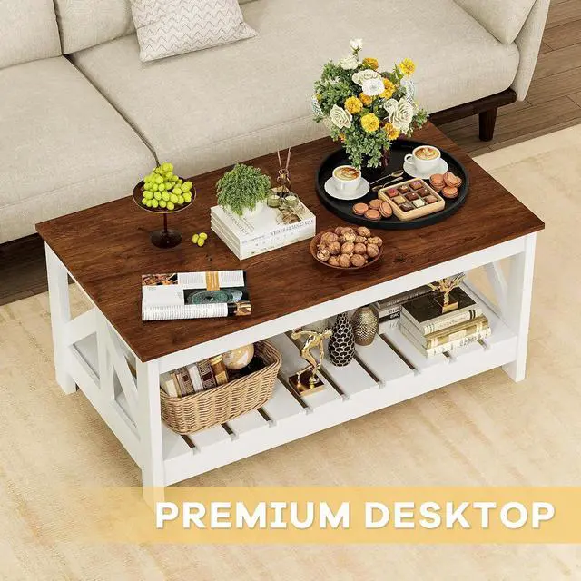 Alt view image 3 of 7 - 39 Farmhouse Coffee Table for Living Room, 2-Tier Modern Living Room Table with Storage Shelf, Rustic Rectangular Center Table Space Saving Home Furniture (Rustic Brown & White)