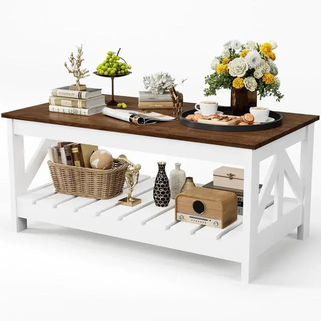 Alt view image 7 of 7 - 39 Farmhouse Coffee Table for Living Room, 2-Tier Modern Living Room Table with Storage Shelf, Rustic Rectangular Center Table Space Saving Home Furniture (Rustic Brown & White)
