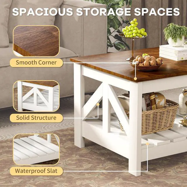 Alt view image 6 of 7 - 39 Farmhouse Coffee Table for Living Room, 2-Tier Modern Living Room Table with Storage Shelf, Rustic Rectangular Center Table Space Saving Home Furniture (Rustic Brown & White)