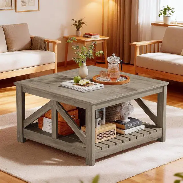 Main image of Square Coffee Table with Dual Storage Compartments, Modern Wood Cocktail Table for Living Room, Farmhouse Lounge & Office Reception (Gray Wash)