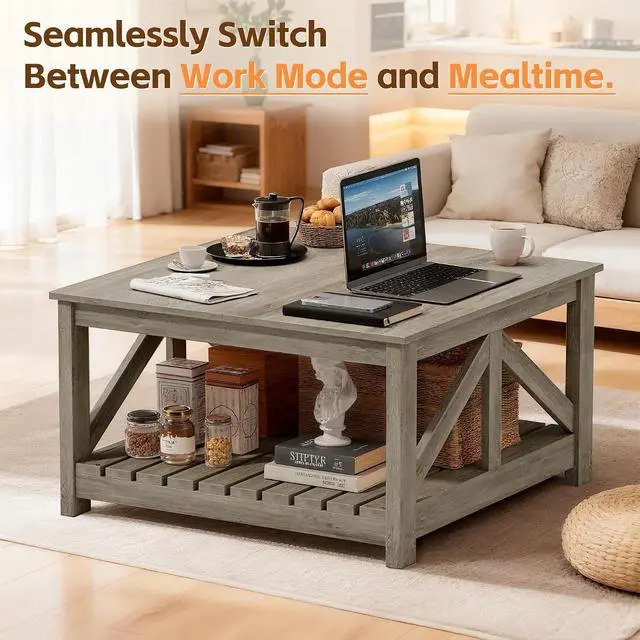 Alt view image 3 of 7 - Square Coffee Table with Dual Storage Compartments, Modern Wood Cocktail Table for Living Room, Farmhouse Lounge & Office Reception (Gray Wash)