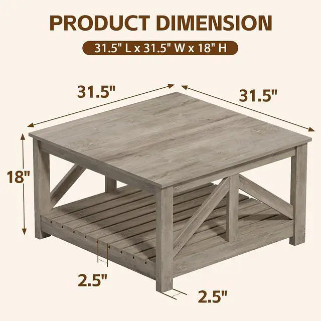 Alt view image 7 of 7 - Square Coffee Table with Dual Storage Compartments, Modern Wood Cocktail Table for Living Room, Farmhouse Lounge & Office Reception (Gray Wash)
