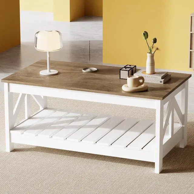 Main image of 39 Farmhouse Coffee Table for Living Room, 2-Tier Modern Living Room Table with Storage Shelf, Rustic Rectangular Center Table Space Saving Home Furniture (Gray & White)