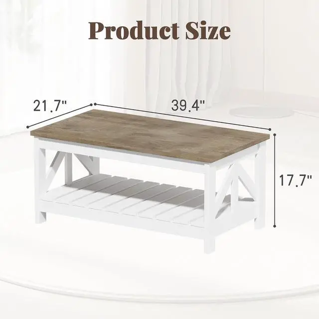 Alt view image 2 of 6 - 39 Farmhouse Coffee Table for Living Room, 2-Tier Modern Living Room Table with Storage Shelf, Rustic Rectangular Center Table Space Saving Home Furniture (Gray & White)