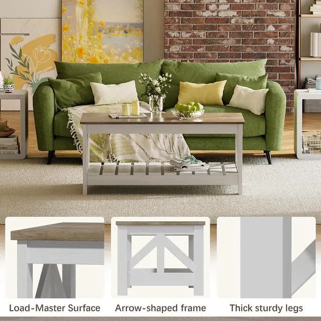 Alt view image 5 of 6 - 39 Farmhouse Coffee Table for Living Room, 2-Tier Modern Living Room Table with Storage Shelf, Rustic Rectangular Center Table Space Saving Home Furniture (Gray & White)