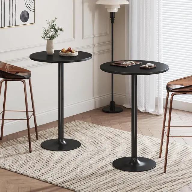 Alt view image 2 of 7 - Round Bistro Pub Table Modern Style Metal Base MDF Top Cocktail Bar Table Counter Bar Height for Pub, Dining Room, Party (2, Full Black)