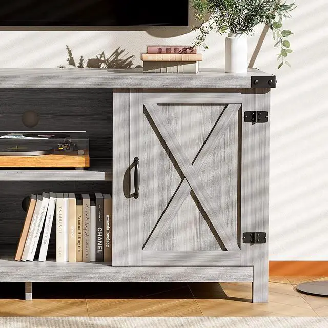 Alt view image 2 of 7 - TV Stand, 65 Inch TV Farmhouse Entertainment Center with Double Barn Doors and Storage Cabinets, Console TV Table Media for Living Room, Bedroom (Grey)