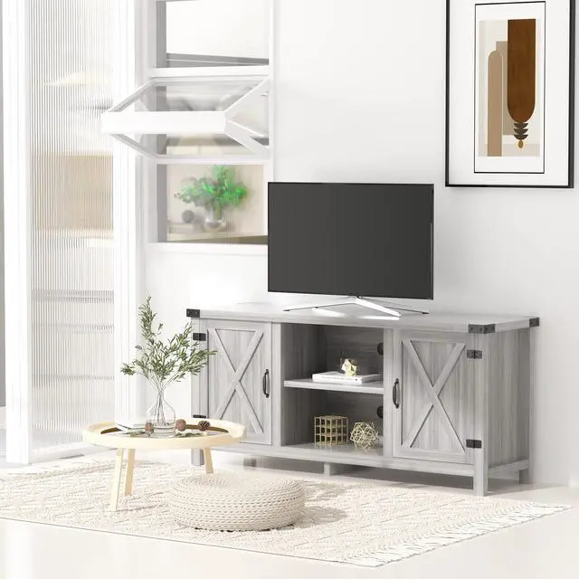 Alt view image 5 of 7 - TV Stand, 65 Inch TV Farmhouse Entertainment Center with Double Barn Doors and Storage Cabinets, Console TV Table Media for Living Room, Bedroom (Grey)