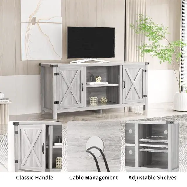 Alt view image 4 of 7 - TV Stand, 65 Inch TV Farmhouse Entertainment Center with Double Barn Doors and Storage Cabinets, Console TV Table Media for Living Room, Bedroom (Grey)