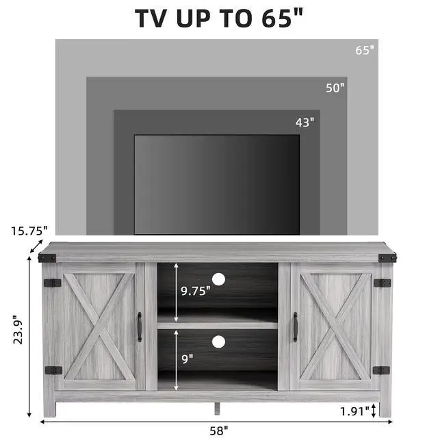 Alt view image 3 of 7 - TV Stand, 65 Inch TV Farmhouse Entertainment Center with Double Barn Doors and Storage Cabinets, Console TV Table Media for Living Room, Bedroom (Grey)