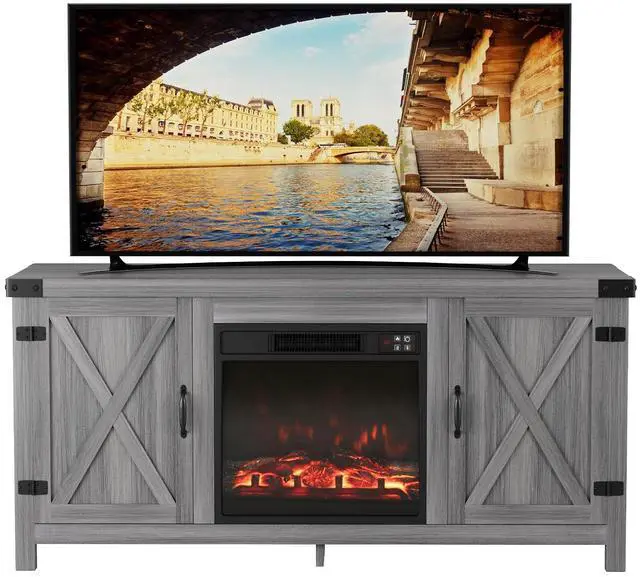 Main image of Fireplace TV Stand, Farmhouse Entertainment Center with Fireplace and Shelves, Double Barn Doors Storage Cabinets for TVs to 65+ Inch for Living Room (Grey)