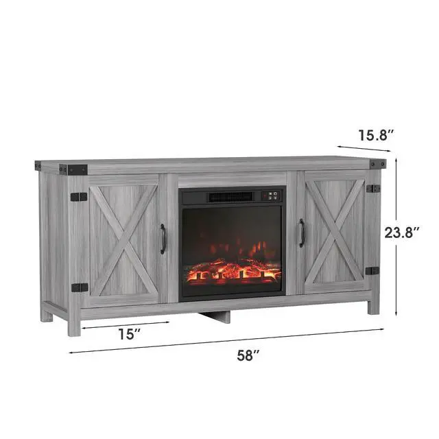 Alt view image 3 of 7 - Fireplace TV Stand, Farmhouse Entertainment Center with Fireplace and Shelves, Double Barn Doors Storage Cabinets for TVs to 65+ Inch for Living Room (Grey)
