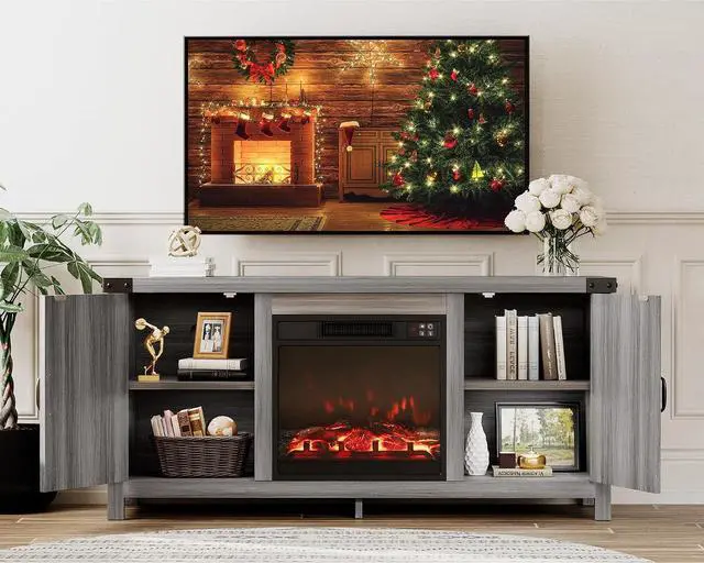Alt view image 2 of 7 - Fireplace TV Stand, Farmhouse Entertainment Center with Fireplace and Shelves, Double Barn Doors Storage Cabinets for TVs to 65+ Inch for Living Room (Grey)
