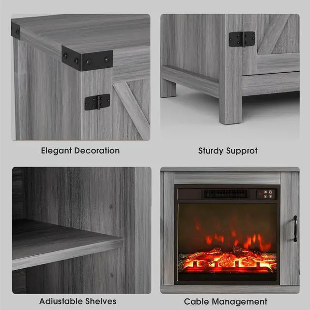 Alt view image 5 of 7 - Fireplace TV Stand, Farmhouse Entertainment Center with Fireplace and Shelves, Double Barn Doors Storage Cabinets for TVs to 65+ Inch for Living Room (Grey)