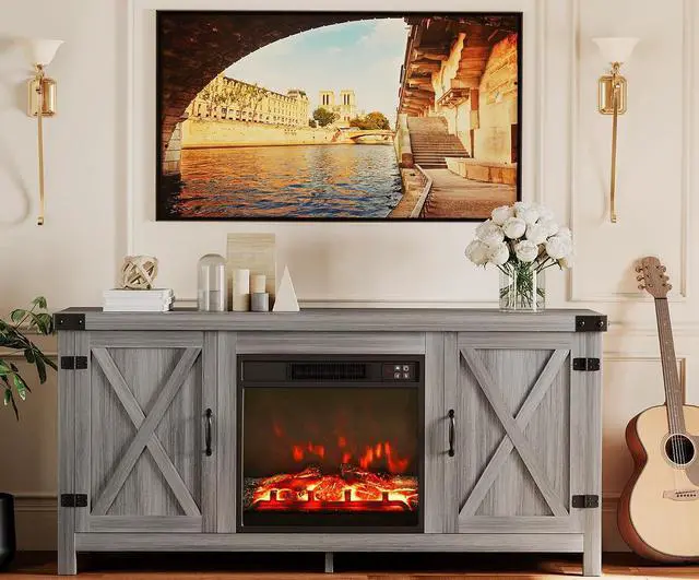 Alt view image 4 of 7 - Fireplace TV Stand, Farmhouse Entertainment Center with Fireplace and Shelves, Double Barn Doors Storage Cabinets for TVs to 65+ Inch for Living Room (Grey)