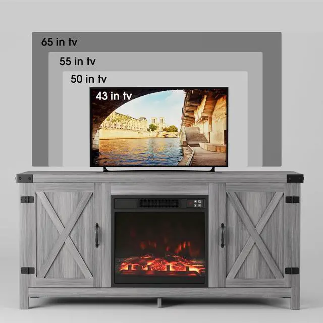 Alt view image 6 of 7 - Fireplace TV Stand, Farmhouse Entertainment Center with Fireplace and Shelves, Double Barn Doors Storage Cabinets for TVs to 65+ Inch for Living Room (Grey)