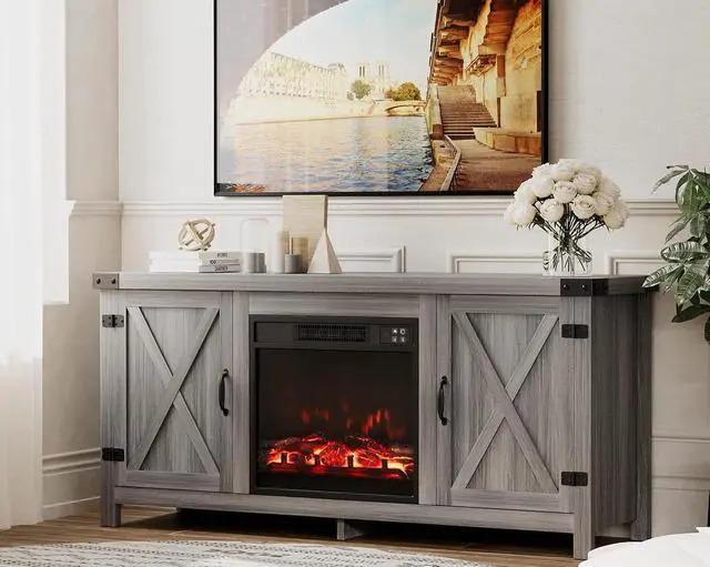 Alt view image 7 of 7 - Fireplace TV Stand, Farmhouse Entertainment Center with Fireplace and Shelves, Double Barn Doors Storage Cabinets for TVs to 65+ Inch for Living Room (Grey)